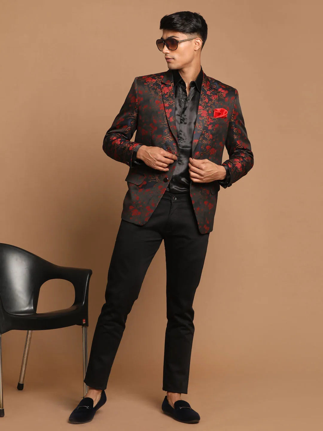 VASTRAMAY Men's Black And Red Woven Blazer