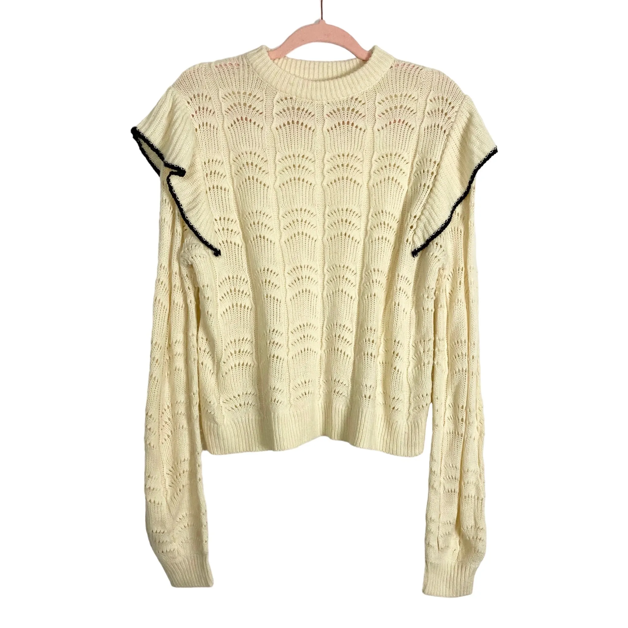 Vestique Cream Open Knit with Black Trim Ruffle Sweater- Size S (sold out online)