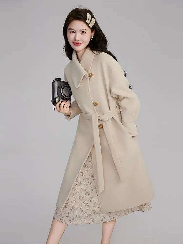 Volstagg off-white woolen coat women's autumn and winter waist lace-up high-end gold silk mid-length woolen coat