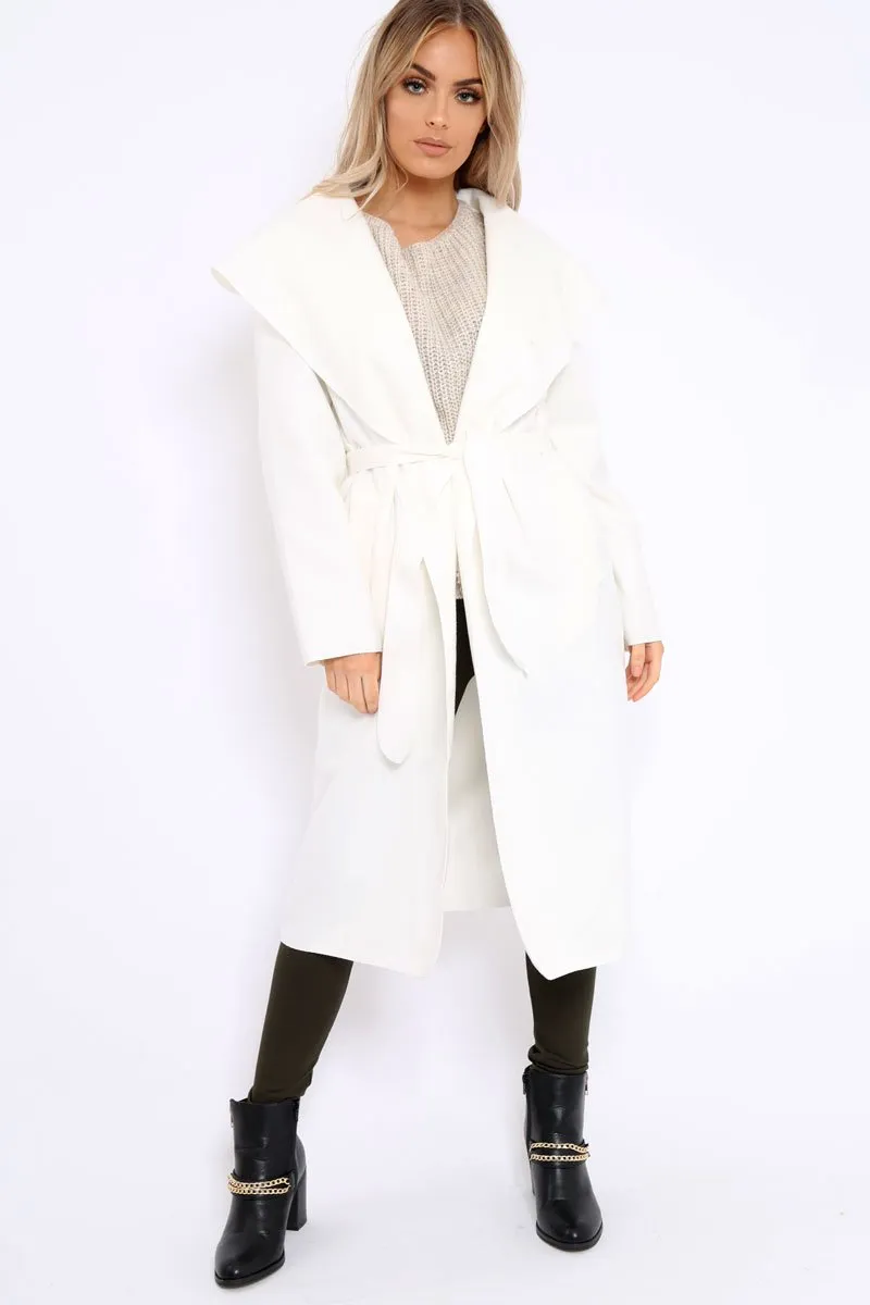 White Long Length Waterfall Belted Coat - Cindy