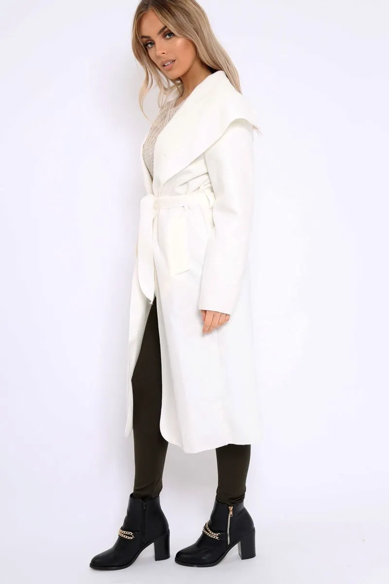 White Long Length Waterfall Belted Coat - Cindy