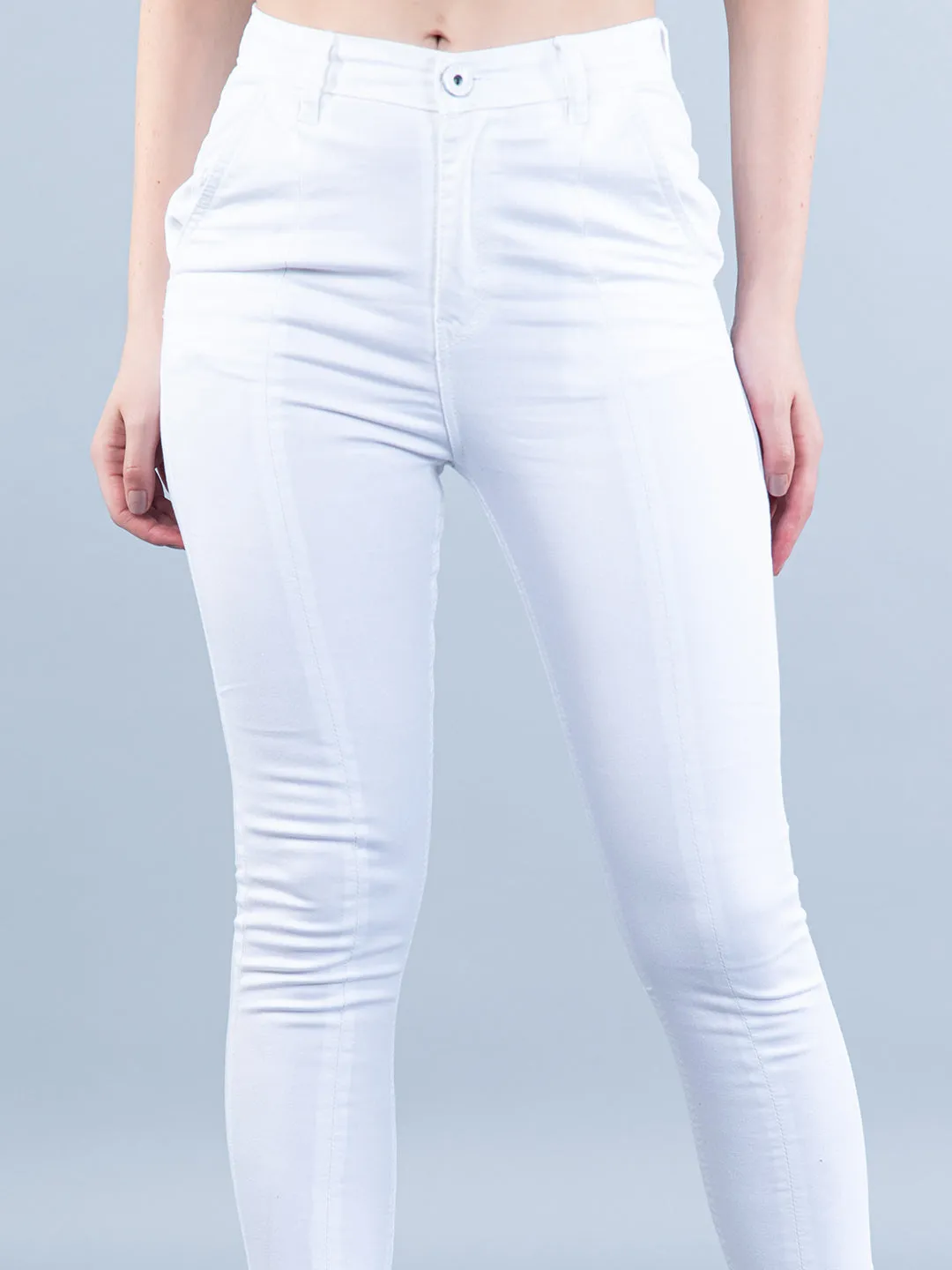 White Pleated Skinny Ankle-fit Jeans For Women