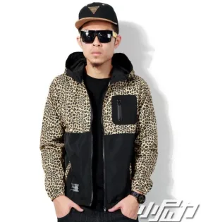 Windsheeter Jacket for Men with Hood Half Leopard Print - Yellow Grey