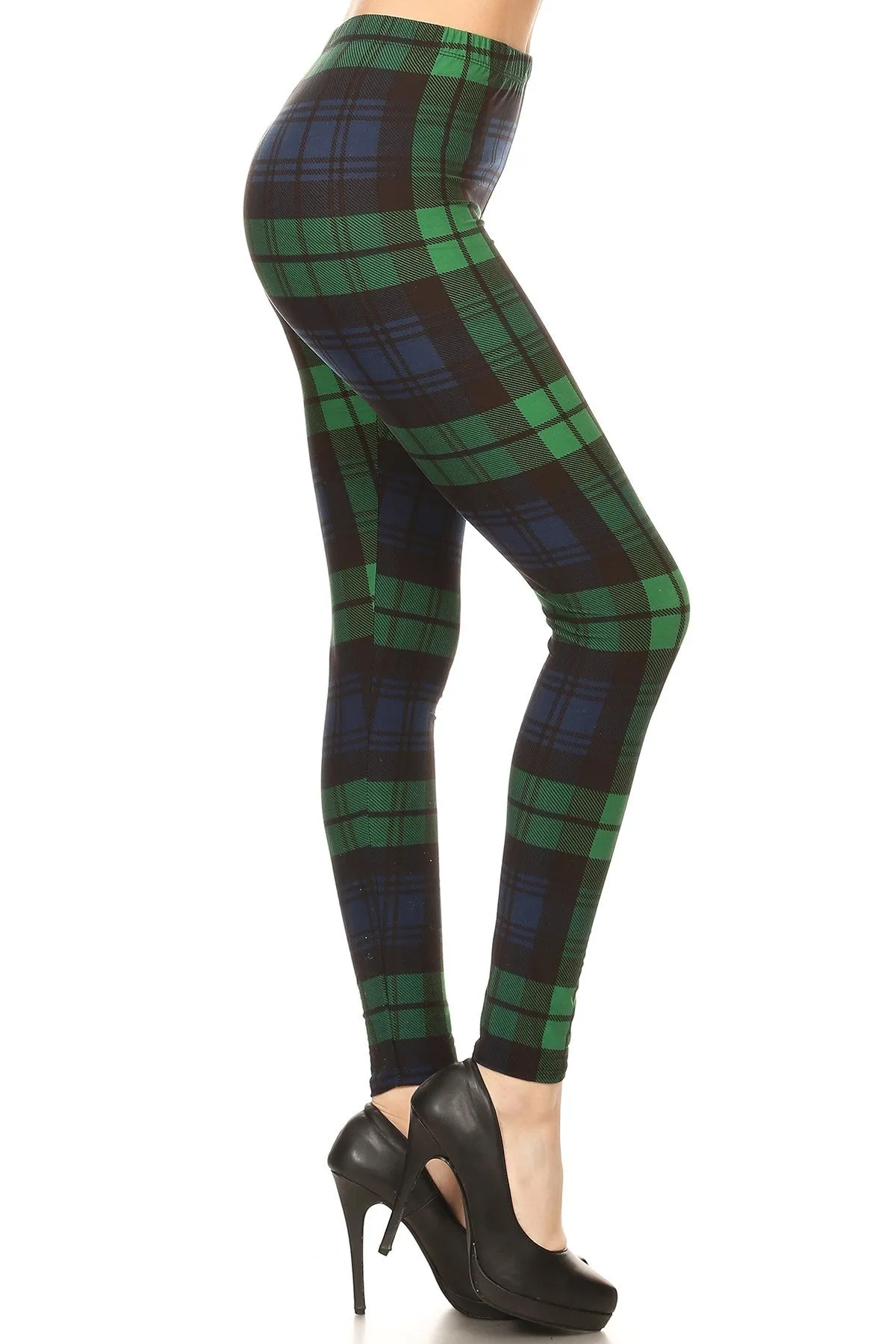 Women's 3X 5X Green Black Plaid Pattern Printed Leggings