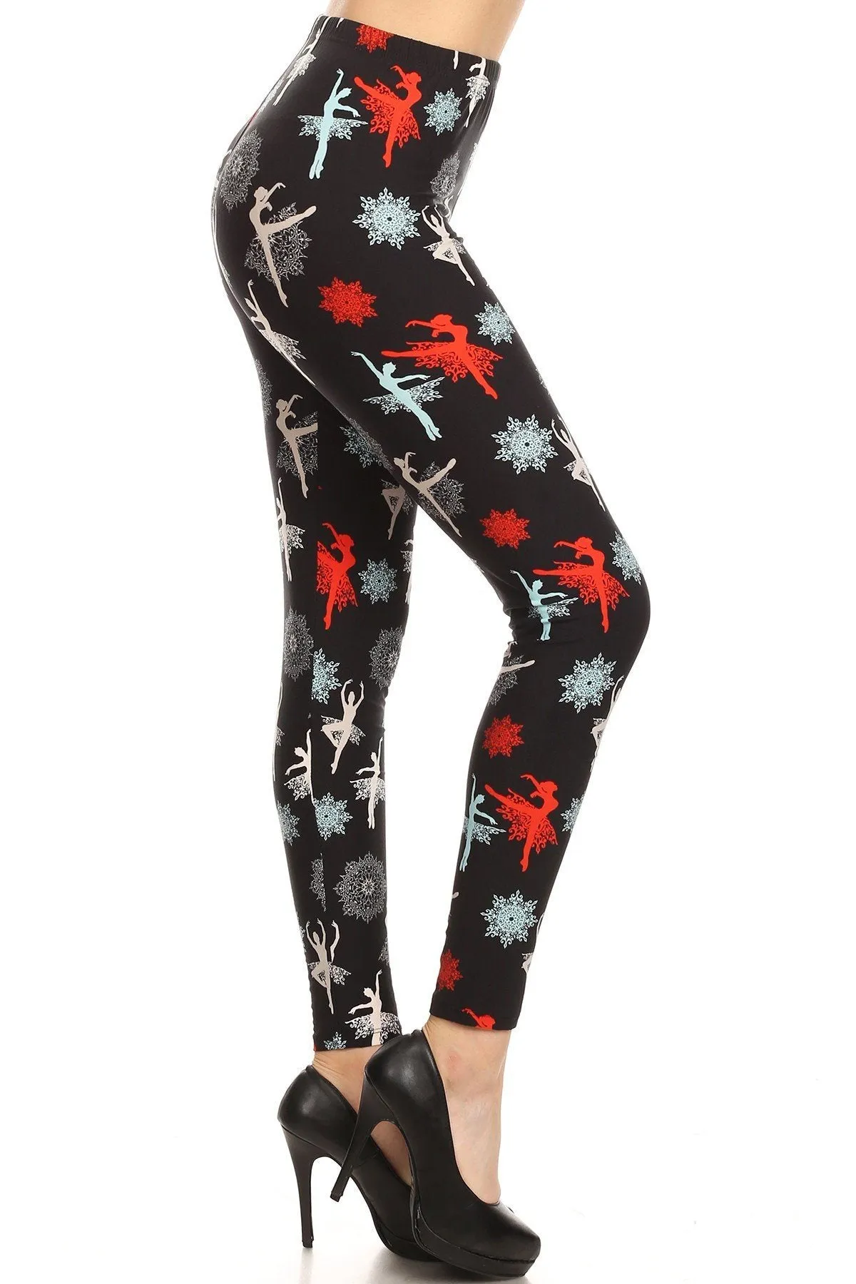 Womens Dance Snowflake Leggings, Soft Yoga Pants, Sizes 0-18, Black/Red