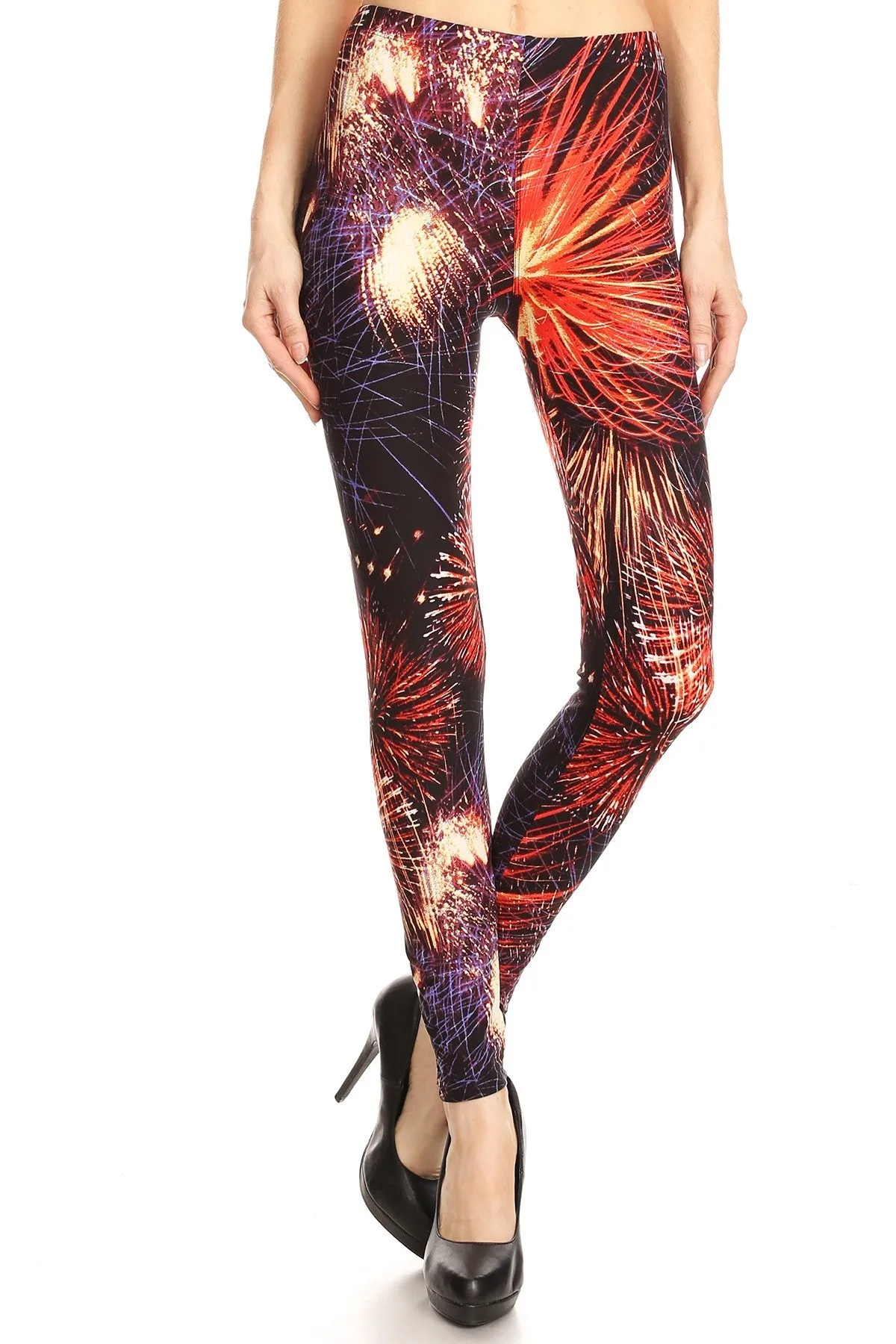 Women's Plus colorful Fireworks Pattern Printed Leggings - Red Purple