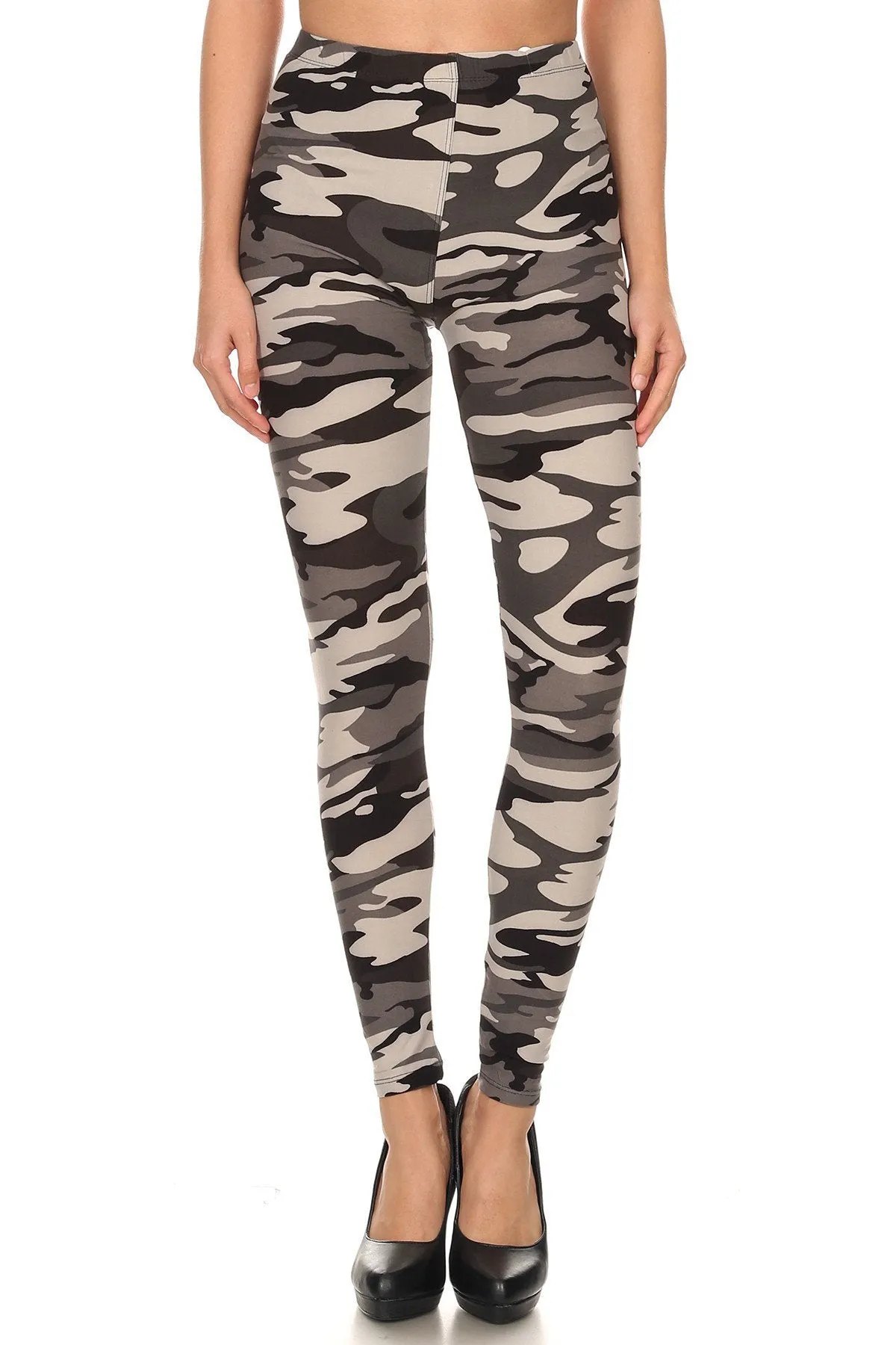 Women's Plus Grey Camouflage Military Look Pattern Printed Leggings