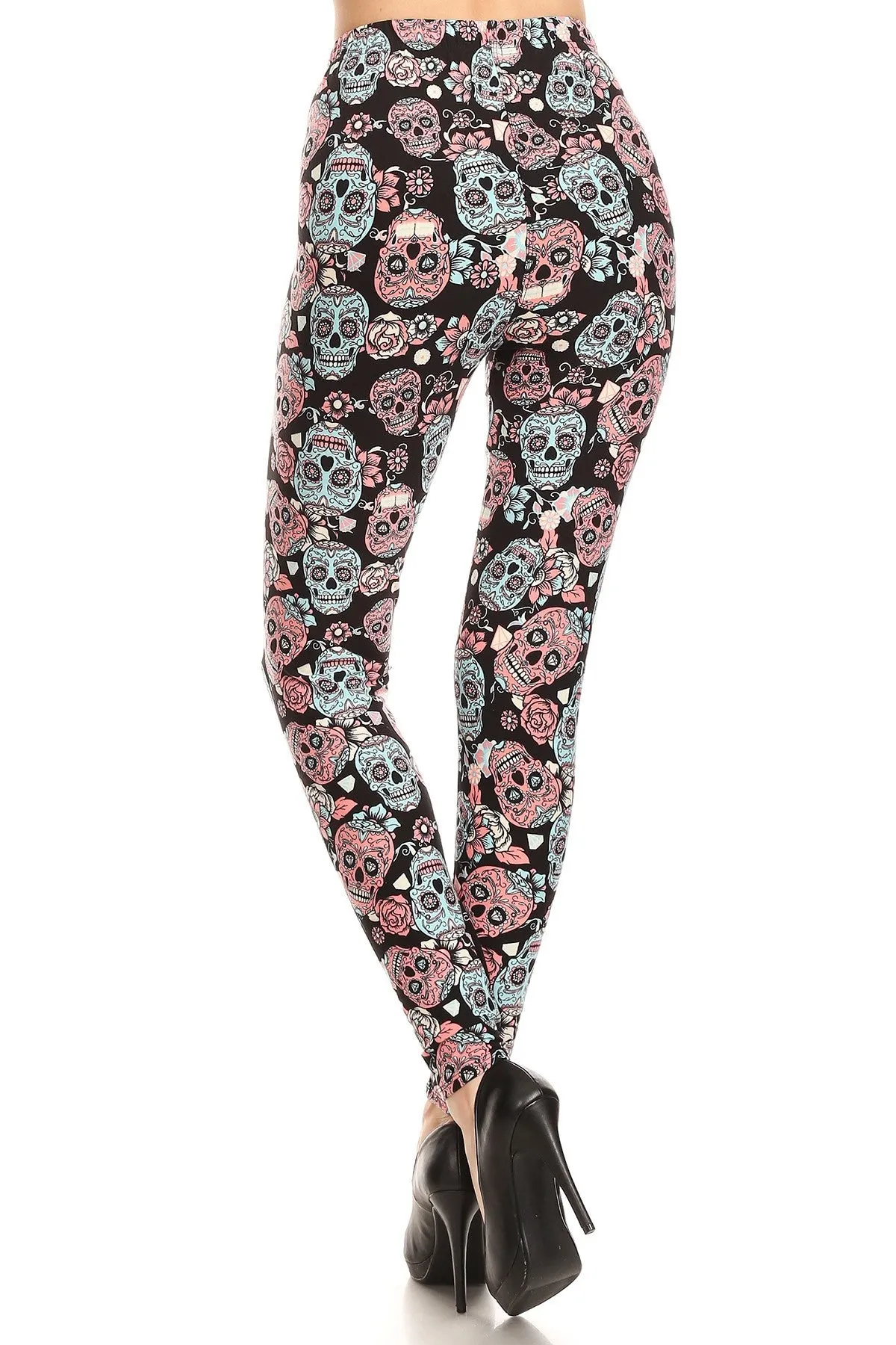 Women's Regular Black Sugar Skull Pattern Printed Leggings