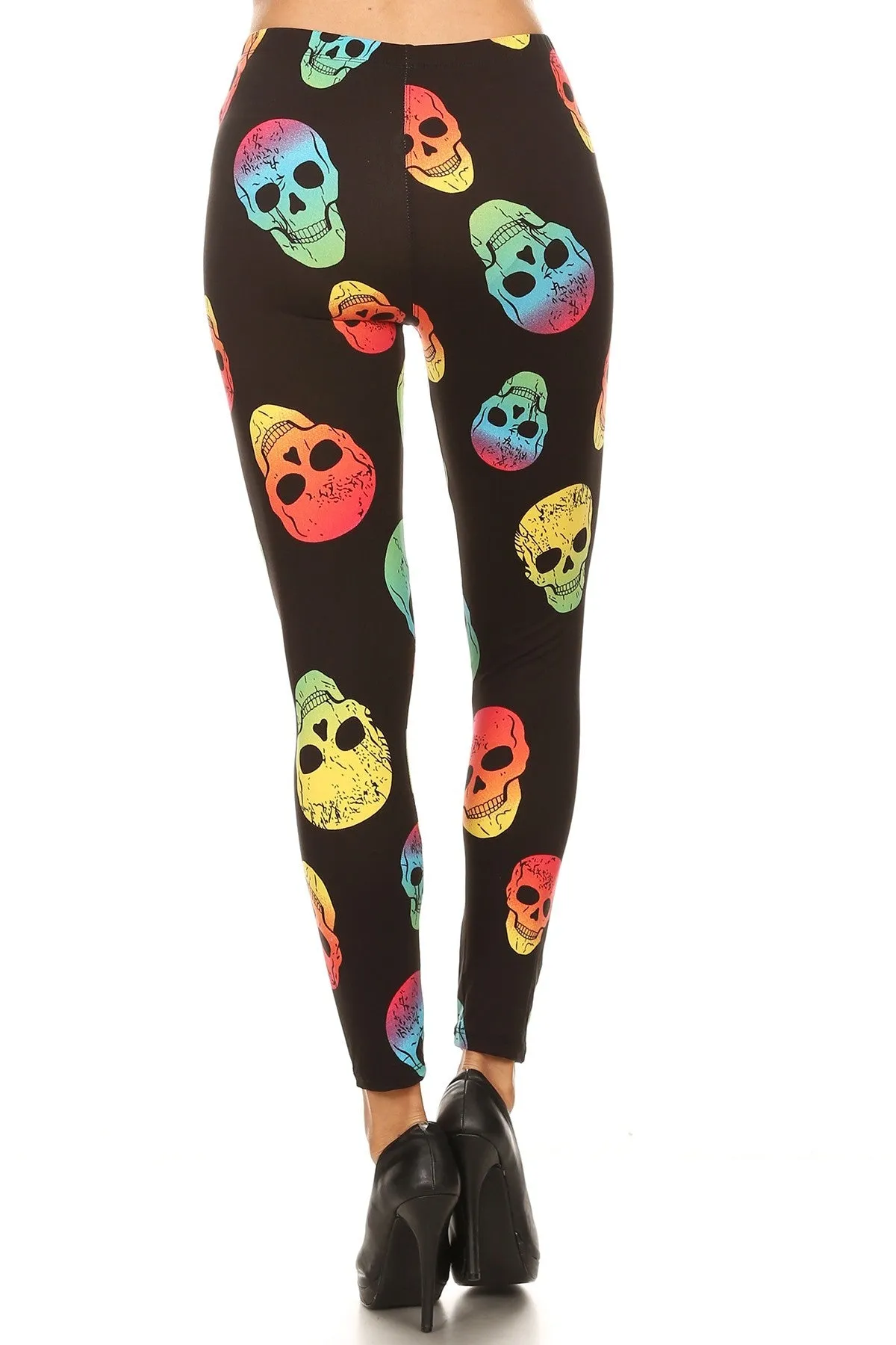 Women's Regular Colorful Skull Pattern Printed Leggings - Red Yellow