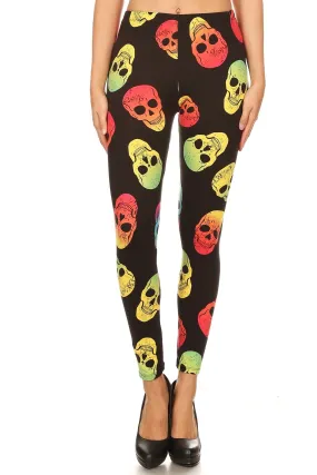 Women's Regular Colorful Skull Pattern Printed Leggings - Red Yellow