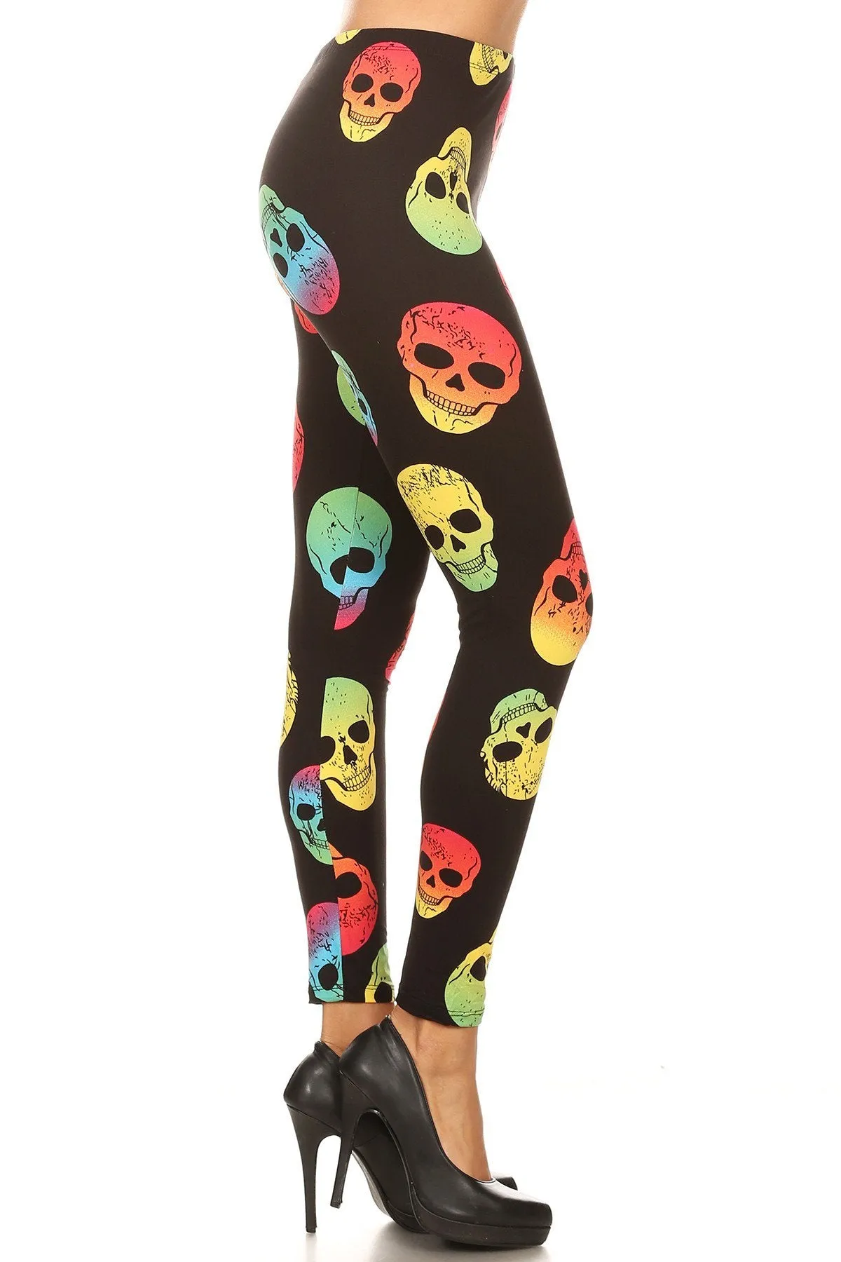 Women's Regular Colorful Skull Pattern Printed Leggings - Red Yellow