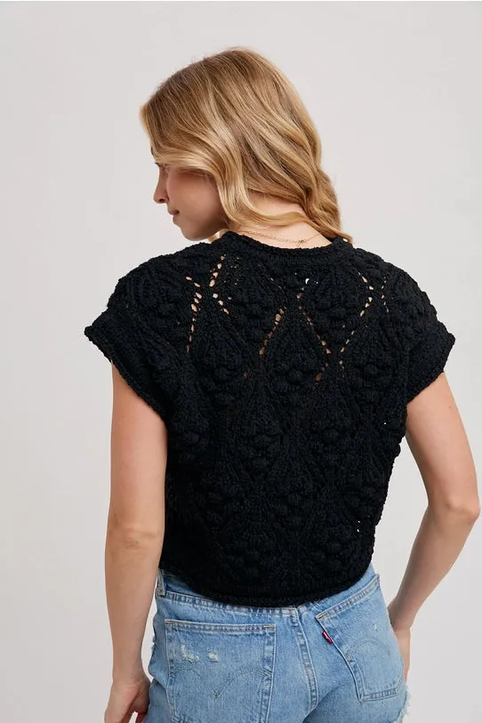 Women's S/S Cropped Crochet Knit Sweater in Black