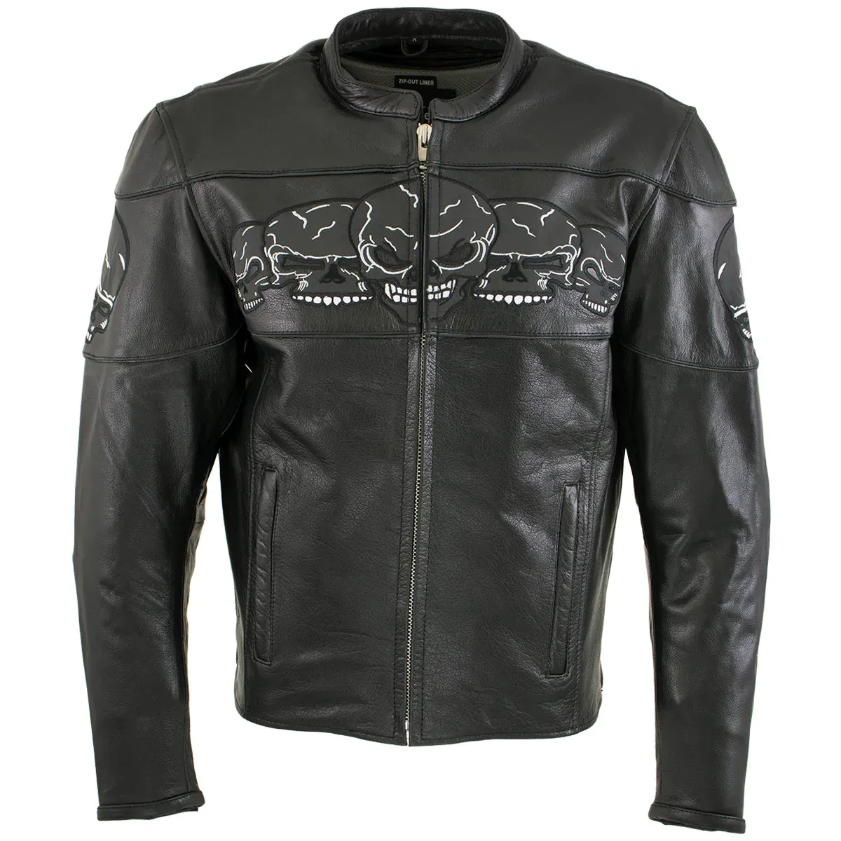 Xelement BXU6050 Men's '3 Skull Head' Black Leather Motorcycle Jacket with X-Armor Protection