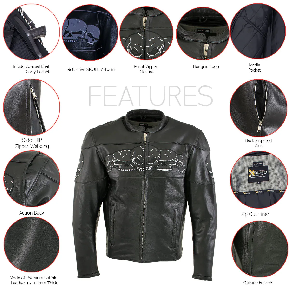 Xelement BXU6050 Men's '3 Skull Head' Black Leather Motorcycle Jacket with X-Armor Protection