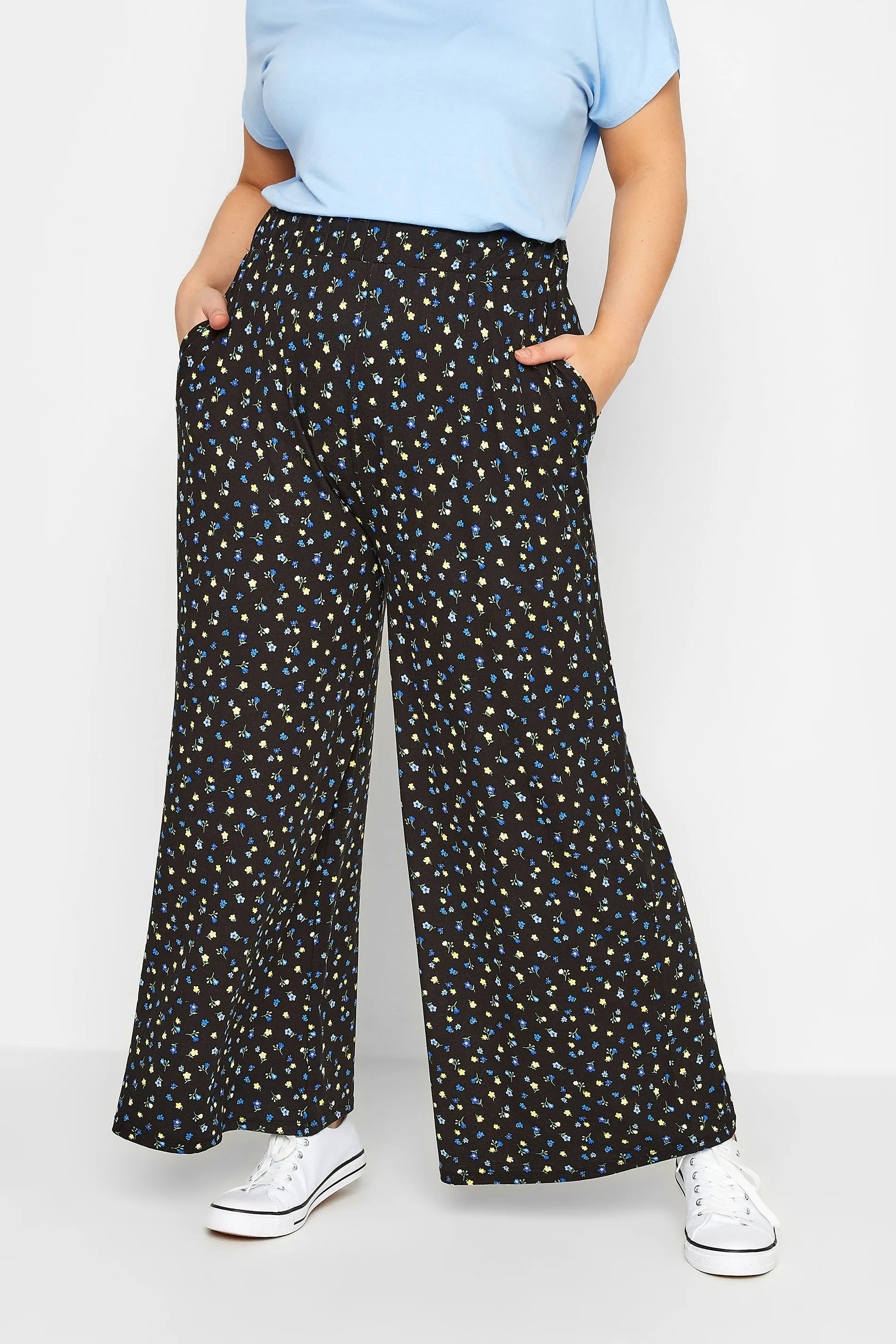 YOURS Curve Black Ditsy Print Wide Leg Trousers