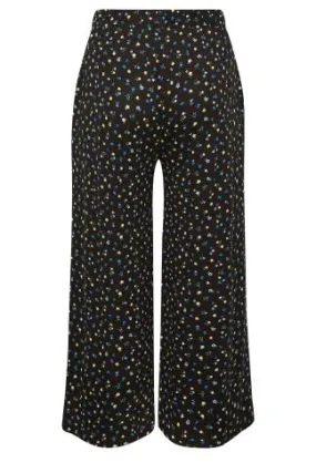 YOURS Curve Black Ditsy Print Wide Leg Trousers