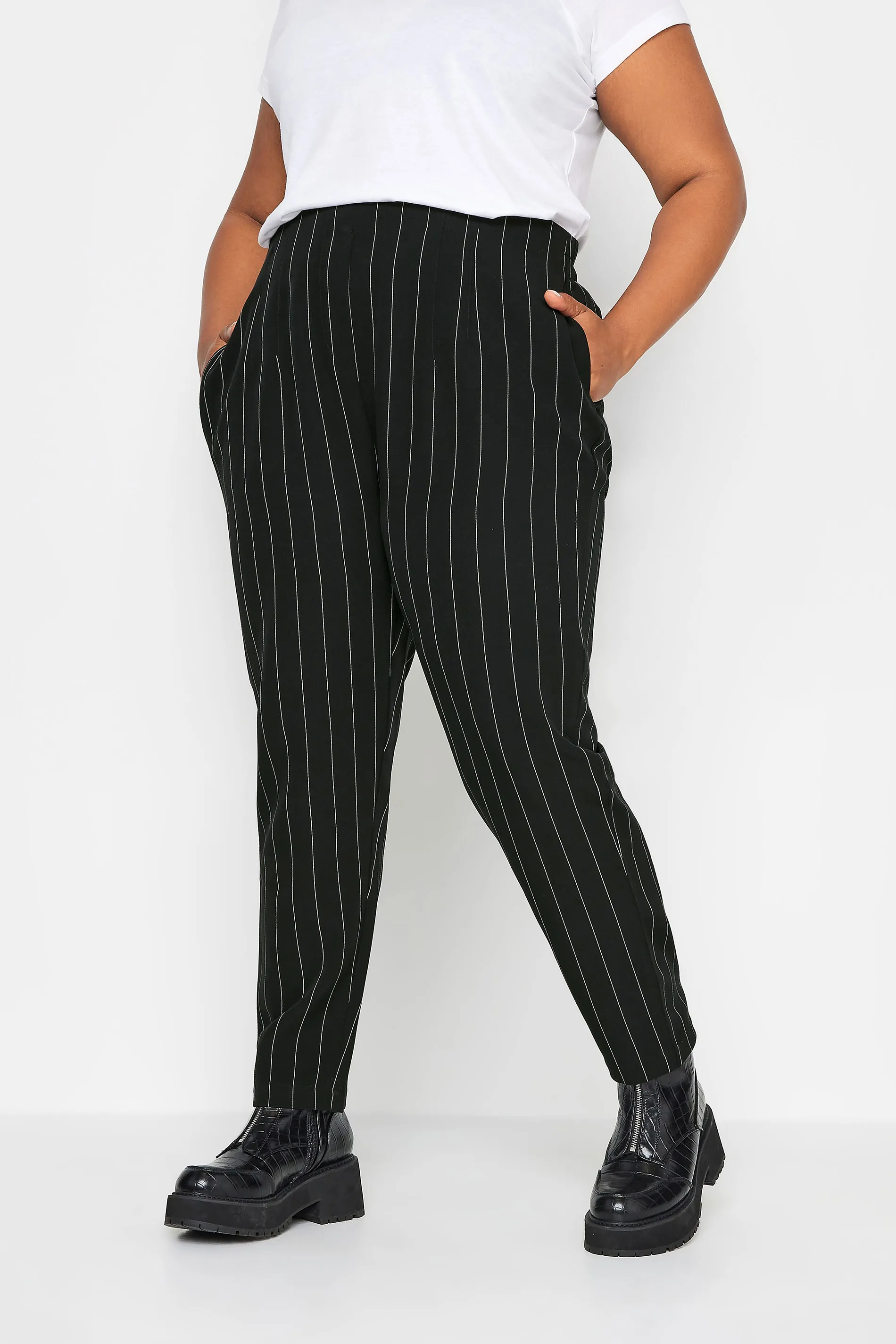 YOURS Curve Black Stripe Print Darted Waist Tapered Trousers