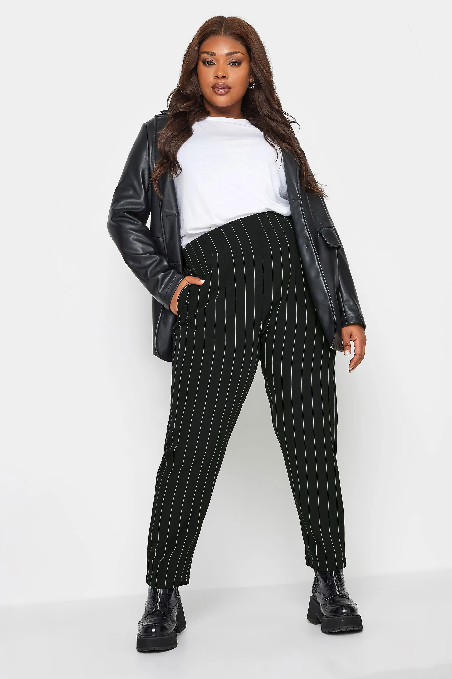 YOURS Curve Black Stripe Print Darted Waist Tapered Trousers