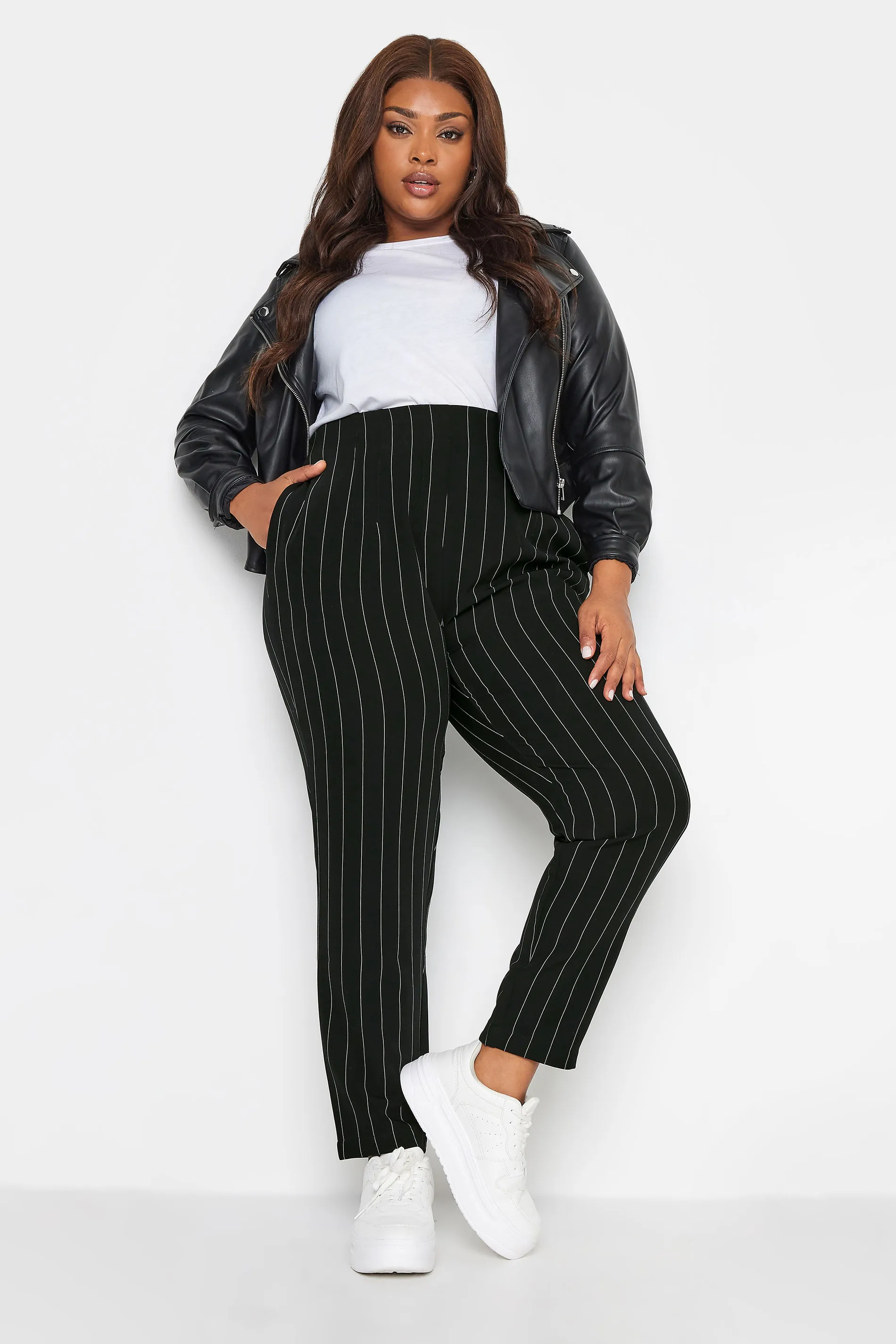 YOURS Curve Black Stripe Print Darted Waist Tapered Trousers