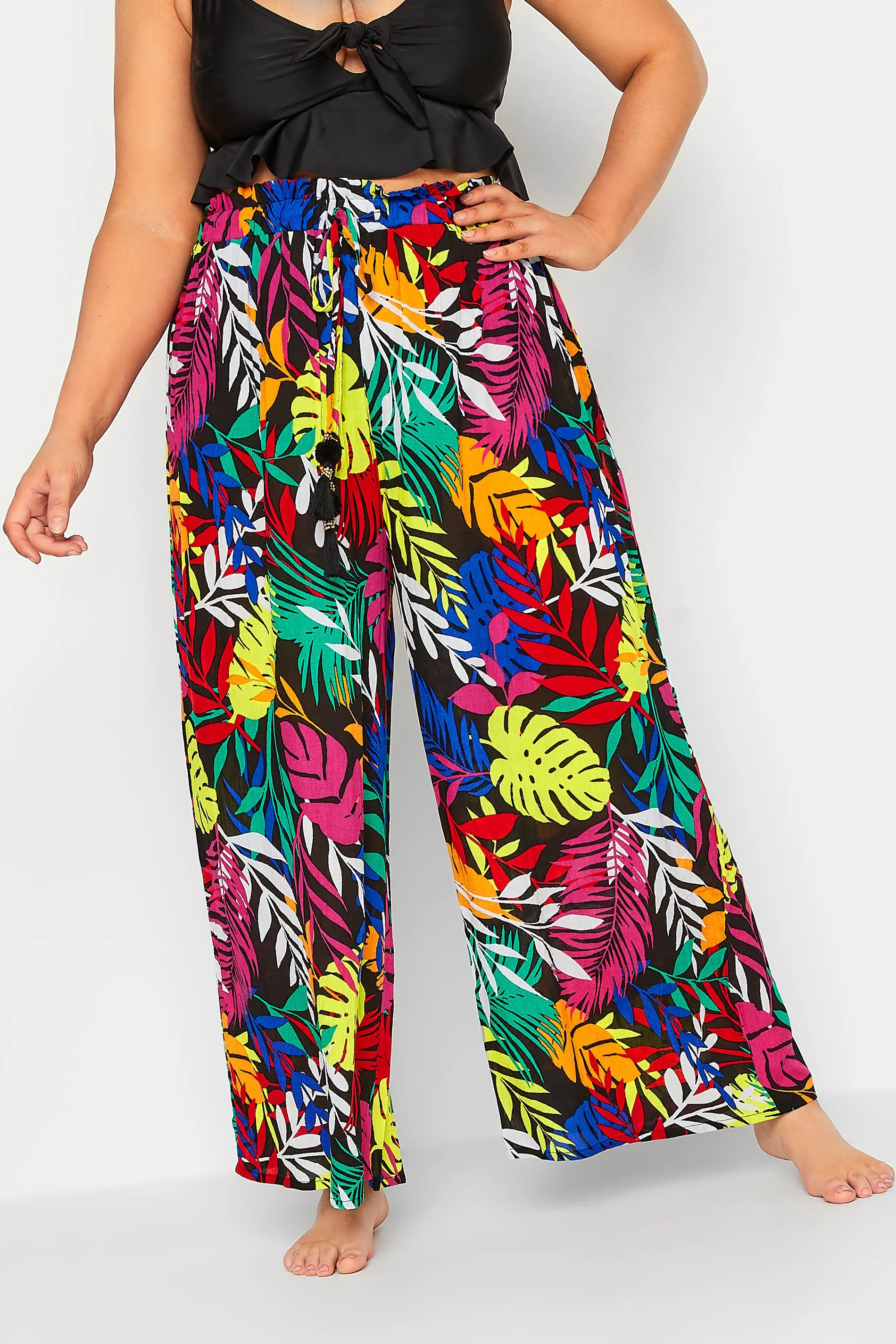 YOURS Curve Black Tropical Print Wide Leg Beach Trousers