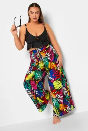 YOURS Curve Black Tropical Print Wide Leg Beach Trousers