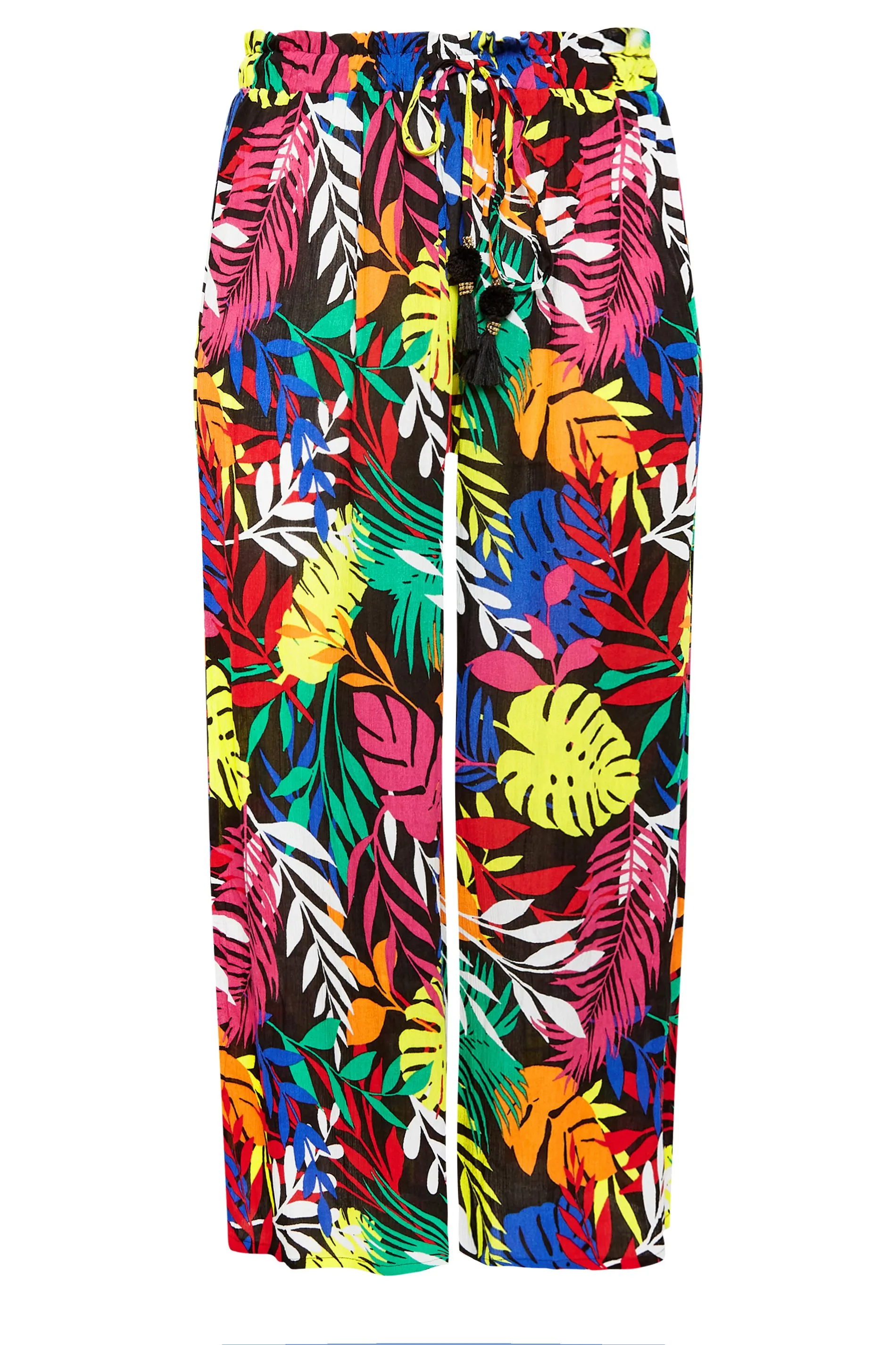 YOURS Curve Black Tropical Print Wide Leg Beach Trousers